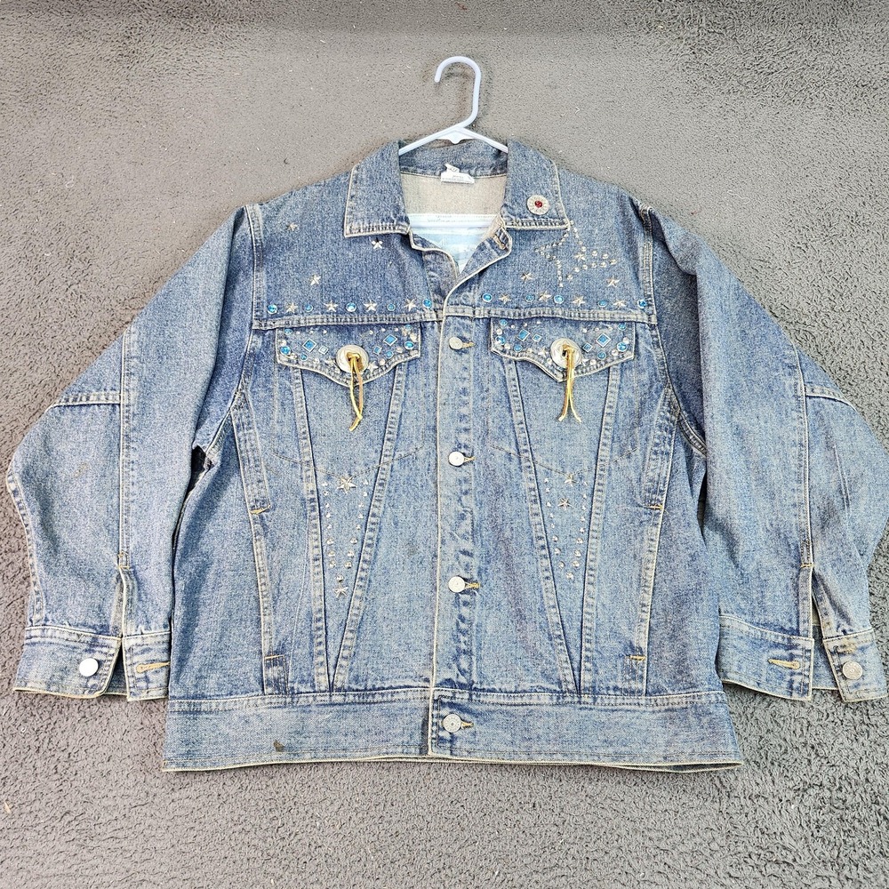 Vintage Frisco Jacket Womens Medium Denim Blue Western Star Rhinestone 80s 90s